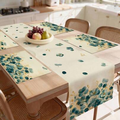 1条绿色叶子图案桌旗，现代风格，适合日常家居厨房装饰。包含1条桌旗、4个餐垫、1个靠垫套，桌旗和餐垫套装。多种产品组合可选，适用于家居装饰、室内/室外派对用品、房间装饰。