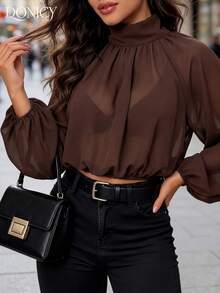DONICY Blusa curta feminina castanha transparente com gola alta e mangas lanterna, top elegante para primavera e outono, escritório e casual - Castanho Café - Ver 1