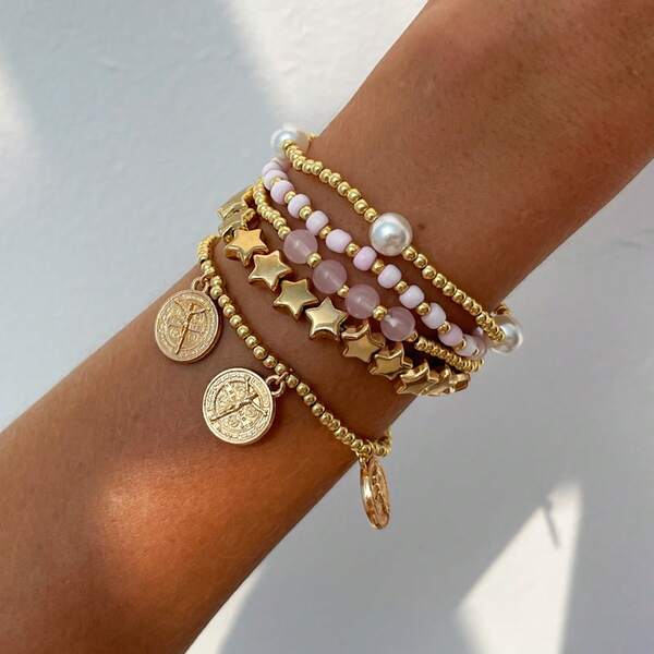 1 Set Women's European And American Cross-Border Bohemian Five-Pointed Star Beaded Elastic Bracelet