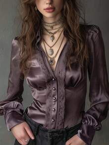 Elegant French Retro Design Lace Trim Flare Sleeve V-Neck Satin Blouse, Solid Color Button Front Lace Patchwork Women's Long Sleeve Shirt For Office Wear, Spring/Summer - Hazy Purple - View 9