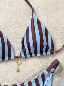 女士比基尼两件套，挂脖系带，露背设计，可爱性感双面印花金属装饰，适合海滩度假夏季泳装 - 藍色 - 查看 9