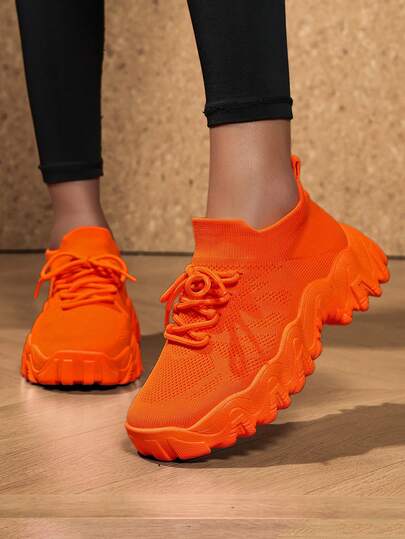 ​Women's Vibrant Orange Extra Wide Sneakers - Wide Fit Comfort With Knit Upper For Street Style, Year-Round Shoes For Women​