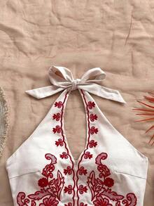 Winter And Summer Apricot Base Black Floral Embroidered Halter Backless Bowknot Cropped Top, Suitable Music Festivals Embroidered Top Western Top Halter Top Bandana Top Boho Top New Year Clothes Party Women Beach Elegant Tops Women Formal Floral Dress - 杏 - 查看 7