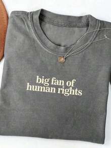 Women's Washed T-Shirts,  Big Fan Of Human Rights Minimalist Tee, No Human Is Illegal T-Shirt, Radicalized By Decency Retro Graphic Tee For Empathy,Summer Outfits For Women ,Local Warehouse - 黑色 - 查看 1