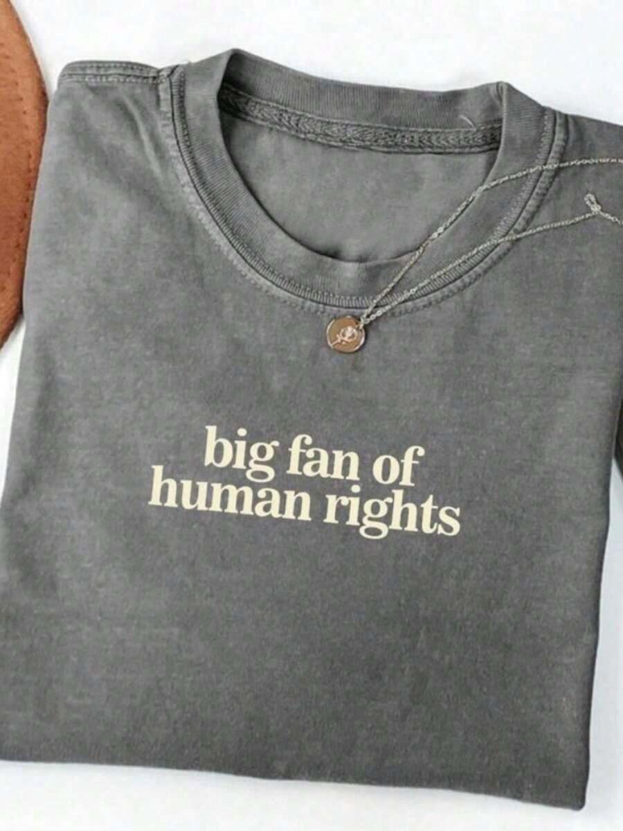 Women's Washed T-Shirts,  Big Fan Of Human Rights Minimalist Tee, No Human Is Illegal T-Shirt, Radicalized By Decency Retro Graphic Tee For Empathy,Summer Outfits For Women ,Local Warehouse - 黑色 - 查看 1
