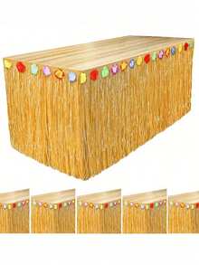 1 pièce Jupe de table en herbe hawaïenne jaune paille, jupe de table en herbe hawaïenne naturelle avec décoration de fête tropicale de fleurs d'hibiscus, jupe de table hawaïenne pour décoration de fête de jupe d'herbe tropicale, fête des mères, remise des diplômes - A - Voir 2