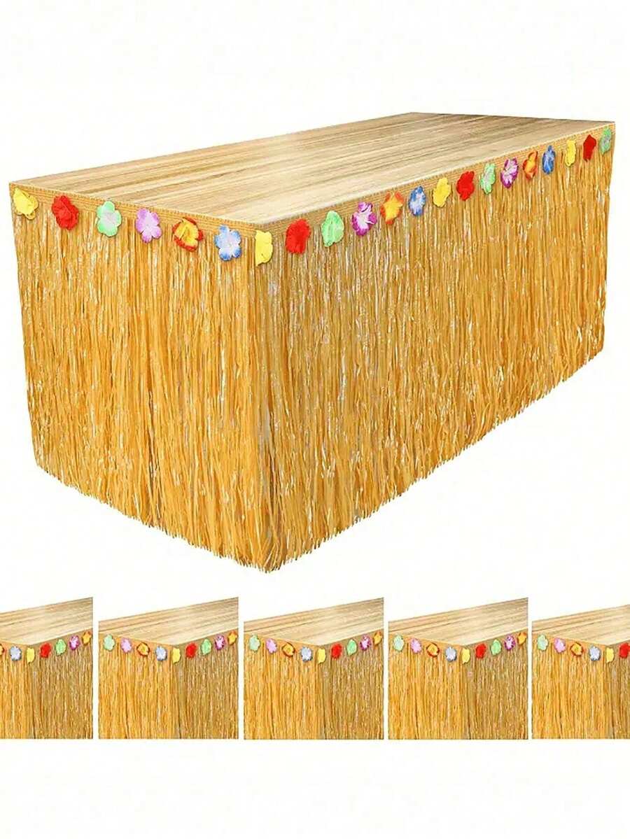 1 pièce Jupe de table en herbe hawaïenne jaune paille, jupe de table en herbe hawaïenne naturelle avec décoration de fête tropicale de fleurs d'hibiscus, jupe de table hawaïenne pour décoration de fête de jupe d'herbe tropicale, fête des mères, remise des diplômes