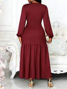Womens Elegant V Neck Long Sleeve A Line Dress With Ruffle Hem And Wrap Knitted Fabric Bishop Sleeve Style - 酒紅色 - 查看 2