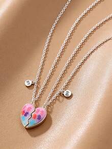 2pcs/Set Cute & Fashionable "Best Friends" Zinc Alloy Glitter Heart Necklace, Suitable For Daily Wear And Festivals - Multicolor - View 7