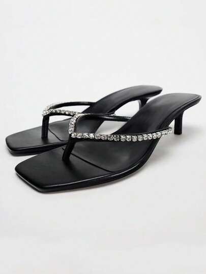Square Toe Rhinestone Decor Kitten Heel Slide Sandals For Women, Summer Outdoor Wear Elegant Mid Heel Slippers, Niche Luxury Sparkling One-Strap Mules
