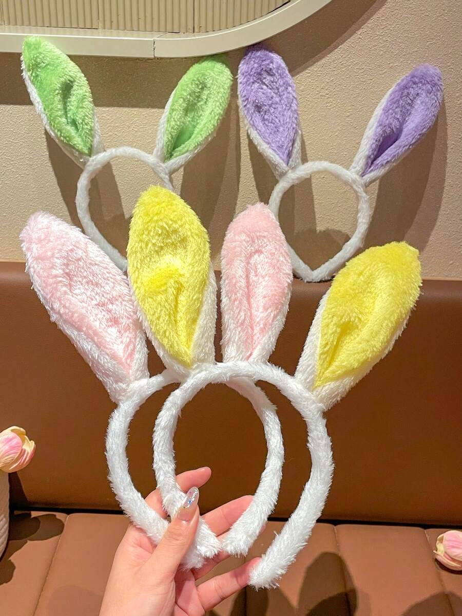 1 件装女士毛绒多色拼接立体兔耳发箍发饰，适合日常佩戴，夏季、假日、旅行
