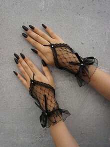 Party 1pair Women & Bow Decor Fashionable Fingerless Gloves Daily Life Halloween Valentine's Day Valentines APXW - Black - View 6