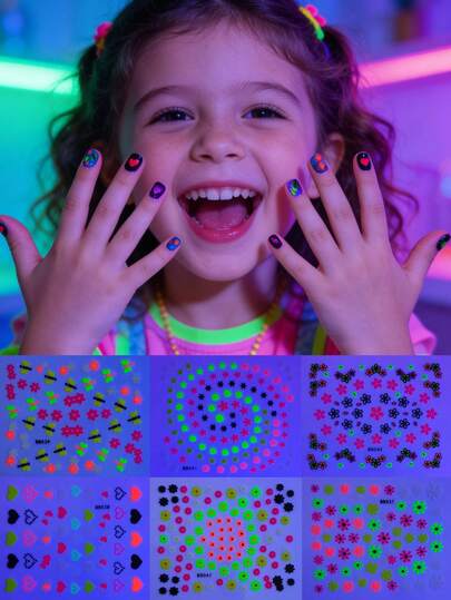 6pcs Fluorescent Colorful Nail Art Stickers For Kids, Featuring Mini Floral, Heart And Butterfly Patterns, Vibrant Colors, Easy To Apply, Suitable For Daily Wear, Parties And DIY Nail Decoration, Creating Fun Nail Designs