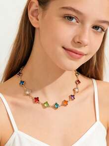 1 Peça Corrente de Clavícula de Vidro Colorida e da Moda, Colar de Material de Cobre Geométrico Vintage, Joia Versátil para Meninas, Comprimento da Corrente e Cor/Quantidade de Contas Feitas à Mão Aleatoriamente Assortidas - Multicolorido - Visão 1