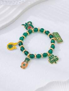 1pc Fashion Elegant St. Patrick's Day Beaded Elastic Bracelet, Suitable For Women As Holiday Gift Or Daily Wear - Green - View 1