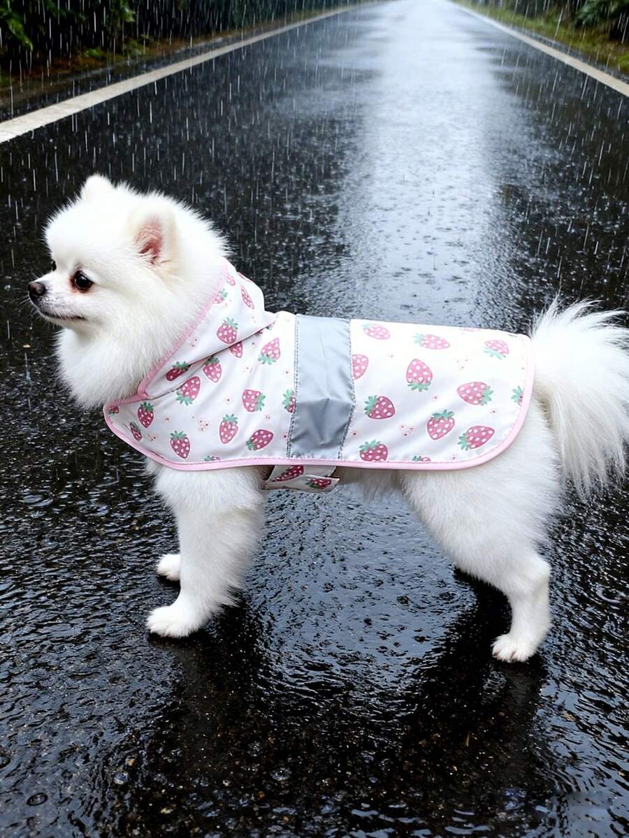 1 pieza Impermeable con capucha con estampado de perros y gatos con frutas y tiras reflectantes para perros pequeños y medianos - Rosa - Ver 1