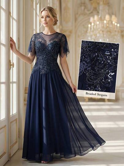 EVERPRETTY 华丽复古亮片正式礼服，圆领短袖长款连衣裙，适合女士婚礼、春季派对等场合。