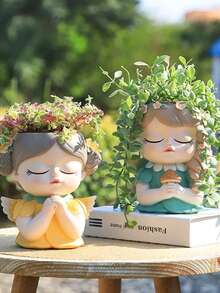 可爱仙女造型多肉植物盆栽，创意室内/室外花园装饰花盆，独特桌面装饰礼品 - 多色 - 查看 3