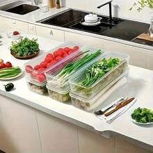 长方形塑料食品储物盒，带盖，密封设计，适合存放葱、姜、蒜、香菜、香草和生菜，耐用厨房收纳盒（无需电池） - 彩色 - 查看 9