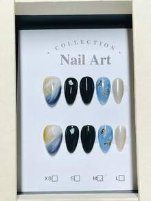 1package/10pcs-Elegant Cloudy Ombre Press On Nails | Gold Flake Accent Black False Nails - Multicolor - View 7