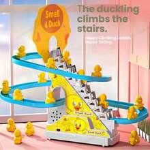 1pc Cute Automatic Electric Track Slide With Music & Lights, Yellow Duck Climbing Stairs Design, Manual Track Installation Required (2 X AA Batteries Needed) - Multicolor - View 6