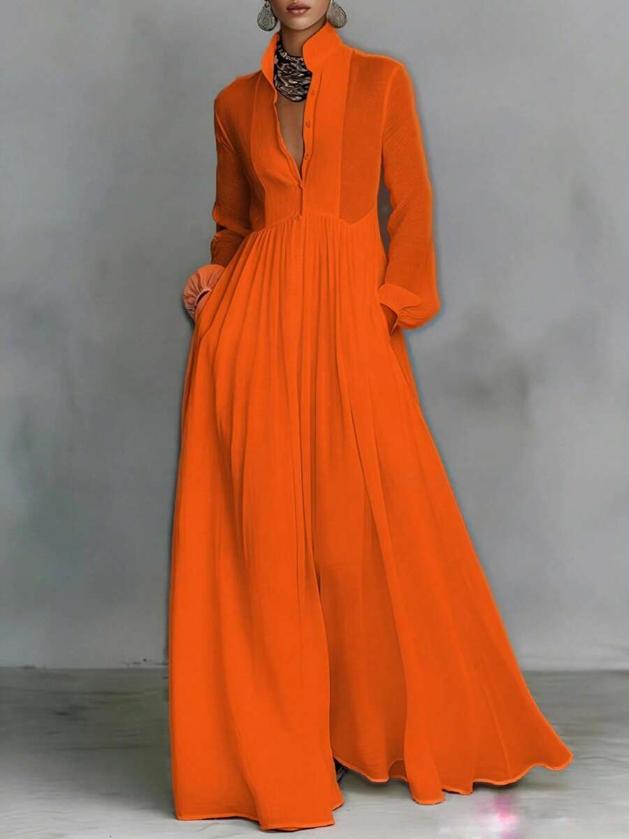 French Retro High-End Style, Stand Up Collar, Lantern Sleeves, Waist Cinching, Large Swing, Long Formal Dress, Commuting Style, Single Breasted Shirt, Summer Dress - Màu cam đỏ - Xem 1