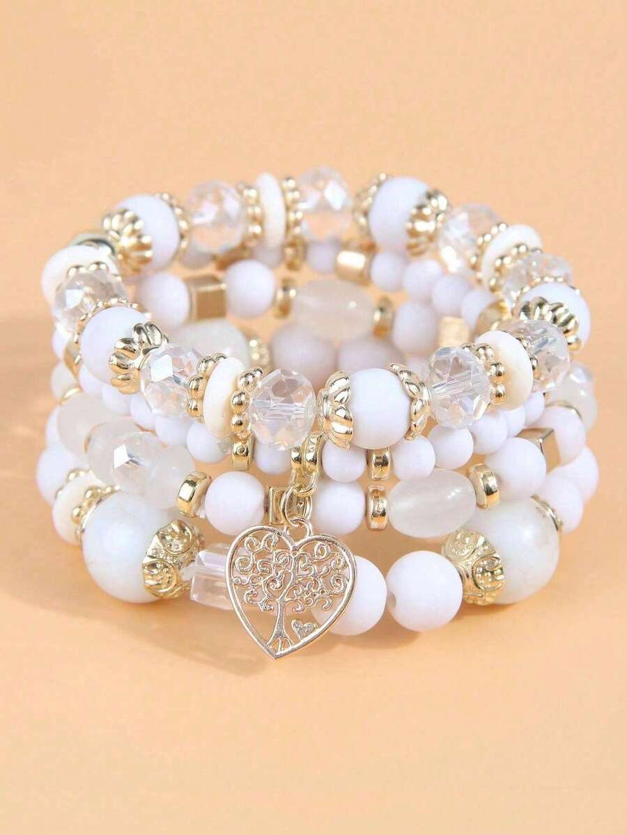4pcs/Set Heart Charm Beaded Bracelet Valentines,Mom,Mother,Mother's Day,Gift  Casual    Copper - 白色 - 查看 1