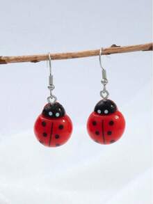 1 Pair Of Resin Ladybug Earrings, Y2K Insect Earrings, Weird Earrings - Red - View 2