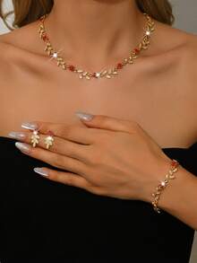 Elegant Crystal Bridal Jewelry Set, Tree Branch & Flower Shaped Earrings, Necklace, Bracelet, Suitable For Daily, Banquet, Party Wear, Holiday Gift - Multicolor - View 3