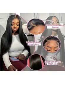 200%高密度顺滑直发假发 - 13x6高清蕾丝前额真人发混纺,预先拔毛,无需胶水,超浓密丝滑,自然逼真,无需胶水,即戴即用 - 自然色&黑色系 - 查看 7