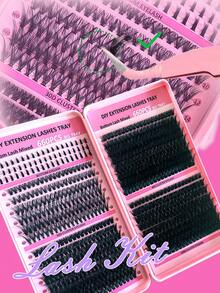 80片装3D浓密睫毛嫁接套装，包含睫毛簇、睫毛胶水、卸妆液、镊子和睫毛嫁接工具。 - 黑色 - 查看 2