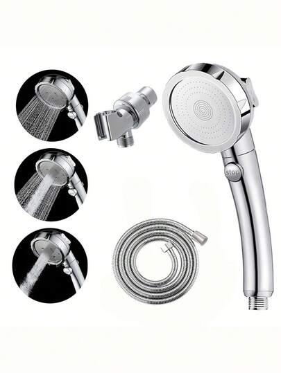 Bộ 3 vòi sen cầm tay áp lực cao có công tắc bật/tắt, 3 chế độ phun, nút tắt, vòi sen cắm trại có thể tháo rời kèm ống dẫn và giá đỡ góc điều chỉnh được, mạ crom.