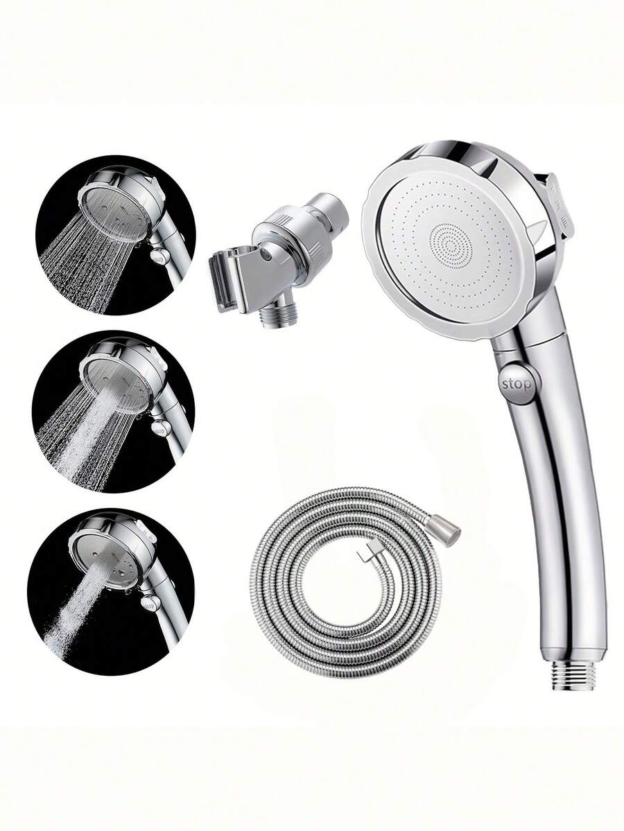 Bộ 3 vòi sen cầm tay áp lực cao có công tắc bật/tắt, 3 chế độ phun, nút tắt, vòi sen cắm trại có thể tháo rời kèm ống dẫn và giá đỡ góc điều chỉnh được, mạ crom.