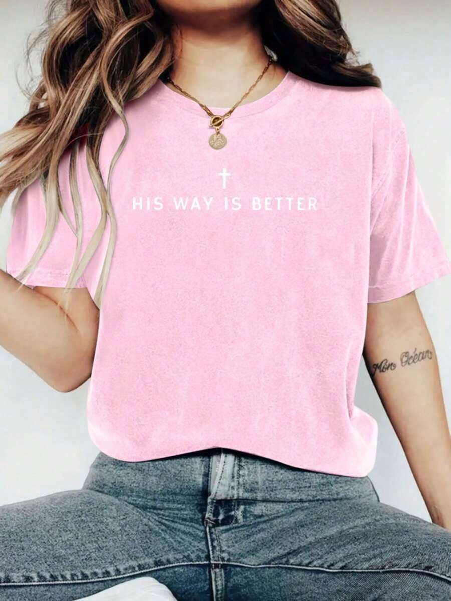 Jesus Shirt His Way Is Better Comfortable Christian Merch Simple Christian Faith Gift Clothing Casual Fall Outfits For Women Travel Short Sleeve Tops - 粉色 - 查看 1