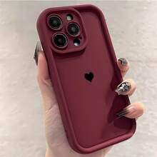1pc Black Heart Minimalist Monochrome Line Art Style Personalized Earring, Matte Red Lens Frame Stepped Design Soft Protective Phone Case Compatible With Samsung/Galaxy/Honor/,International Version, Not The Domestic Version - Wine Red - View 4