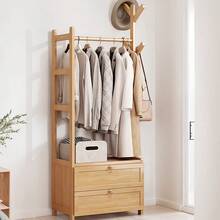LIVINGANDHOME Multi-Functional Bamboo Wooden Freestanding Coat Rack With Branch Hooks & 2 Storage Cabinets, Brown/Natural Bamboo MDF Hall Tree Entryway Organizer - Natural Wood - View 9