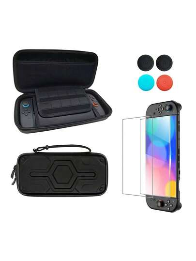 （2025）机甲造型便携包套装（1个）+ 摇杆帽套装（4个）+ 钢化玻璃屏幕保护膜套装（2片），防水、防刮、防震、防尘，全面保护游戏主机，提升游戏体验
