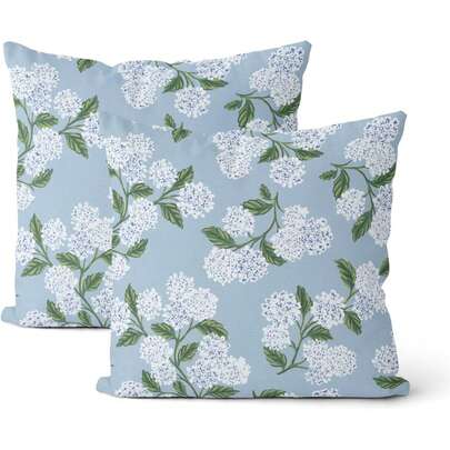 2个浅蓝色枕套，尺寸45.72 x 45.72厘米；2个蓝绿色绣球花装饰抱枕套，复古花卉图案，适合春夏户外装饰，亚麻材质，适用于沙发