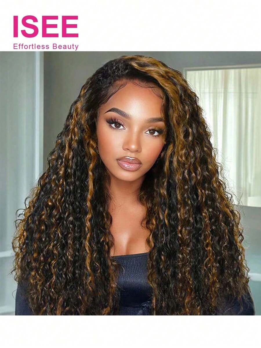 ISEE Hair Wear Go Half Wig Highlight Color Kinky Curly Human Hair With Draw-Strings 16-28 Inch 180% Density Long Hair 3 IN 1 Half Wig Seamless Flip Over Wig High Quality Daily Use For Beginners - S2/30 - View 1