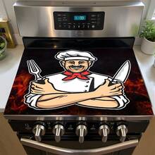 1 st. 2D-platt skyddsöverdrag, spisskydd tryckt av tecknad kock, modernt och lätt att rengöra, lämplig för alla kök, tvättmaskiner, torktumlare, spispanelskydd och glasspisskydd (spisersättning). - Multifärgad - Visa 2