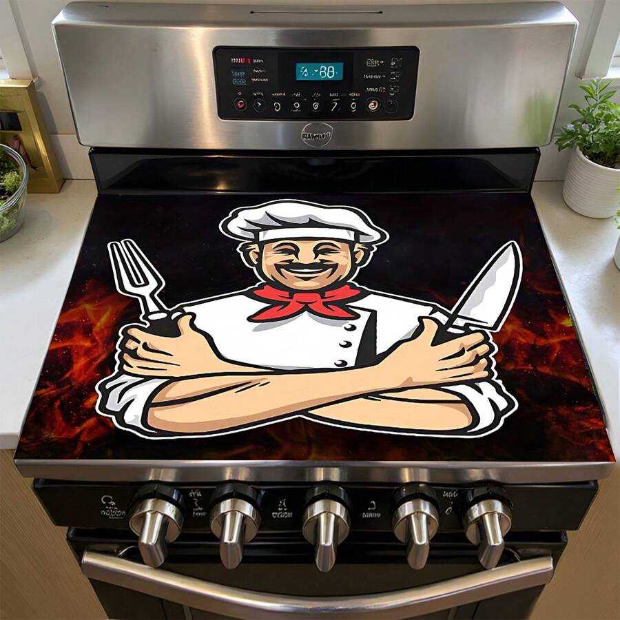 1 st. 2D-platt skyddsöverdrag, spisskydd tryckt av tecknad kock, modernt och lätt att rengöra, lämplig för alla kök, tvättmaskiner, torktumlare, spispanelskydd och glasspisskydd (spisersättning).