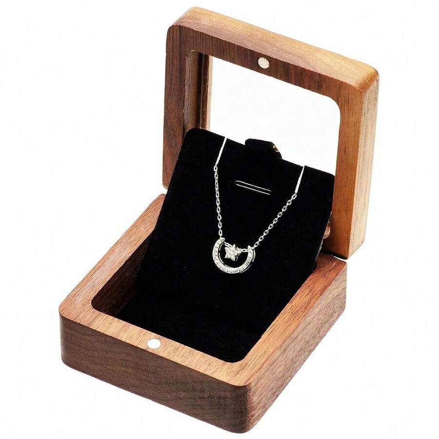 Natural Walnut Wood Necklace Box With Acrylic Lid,Pendant Storage Case Jewelry Display Box For Anniversary Propose Christmas - Bên trong màu đen - Xem 1