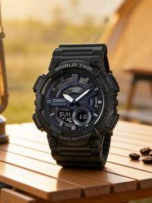 Casio 男士休闲运动计时腕表，圆形表盘，硅胶表带，石英机芯，适合日常运动、户外活动、街头风格，是送给男士、丈夫、男友的圣诞礼物、生日礼物之选 - AEQ-110W-1B - 黑色 - 查看 3
