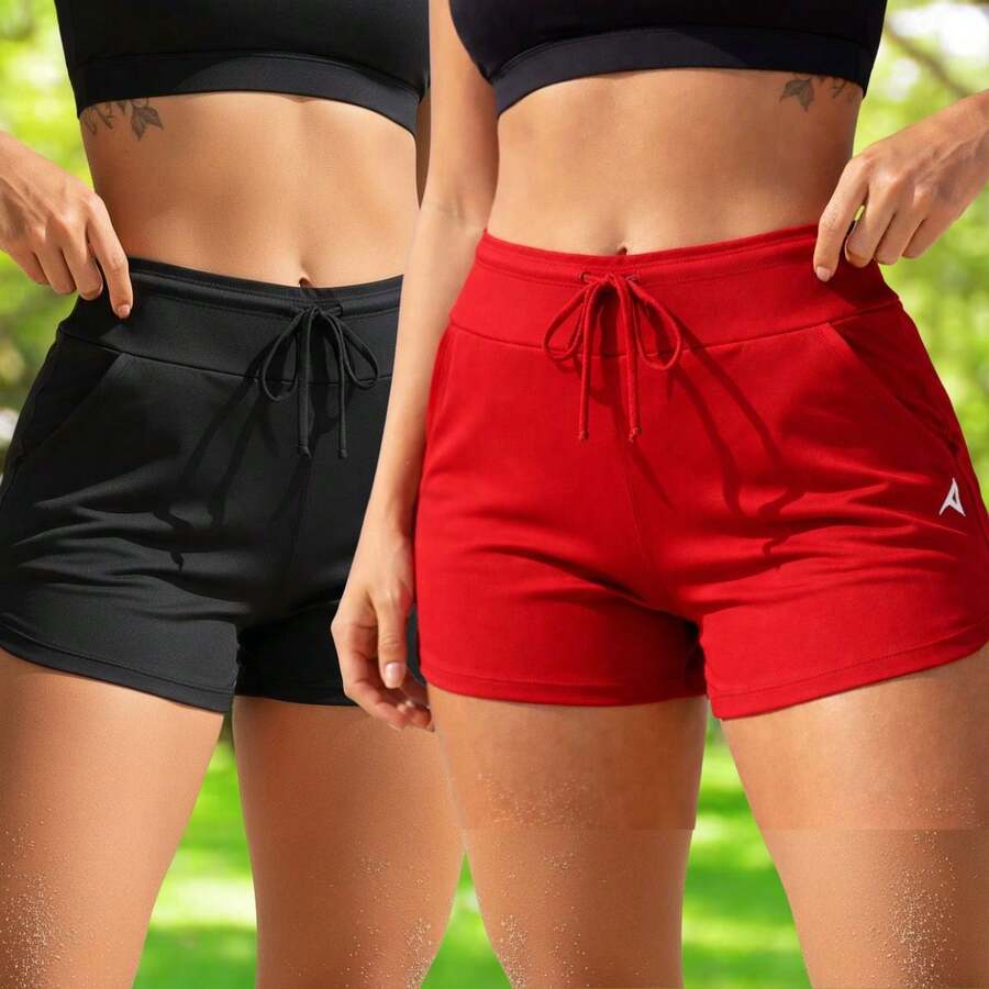 Acqua Bronze Set Of 2 Women's Adjustable Drawstring Shorts With Pockets, Versatile, Sporty, Double Waistband, Simple, Casual - 黑/紅 - 查看 1