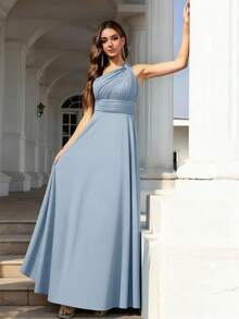 Volly Toych 淡蓝色优雅无袖长款伴娘礼服，不对称领口和垂坠雪纺设计，适合特殊场合 - 霧霾藍 - 查看 5