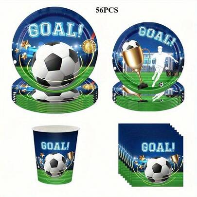 50件套足球主题派对用品，一次性足球主题生日派对装饰，包括足球图案餐盘、餐巾纸和杯子，适用于足球比赛日、嘉年华、生日派对和体育主题庆祝活动，也适用于万圣节和圣诞节。