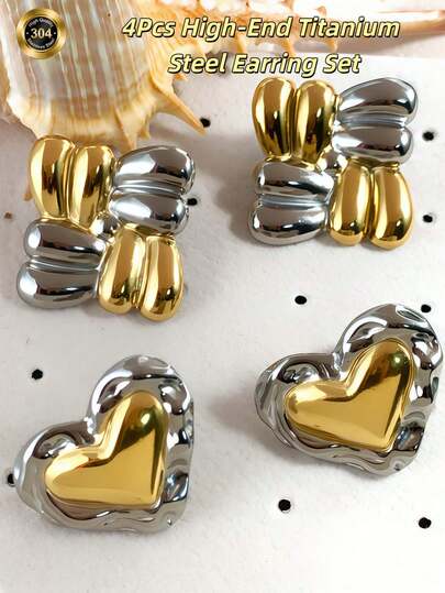 2/4 piezas Pendientes de botón con forma de corazón cuadrado de moda, pendientes de dos colores de alta gama, para damas y niñas, pendientes de acero inoxidable 304 con textura retro en forma de cúpula, regalos de joyería de moda, pendientes de aro, pendientes de aro, perforaciones de oreja, pendientes colgantes, joyería de perforación de trago, mujeres pendientes danglets, conjuntos de pendientes