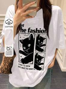 Camiseta holgada y casual de mujer con estampado de gato y letras, tops lindos, camisetas gráficas, atuendos de maestro - Blanco - Ver 1