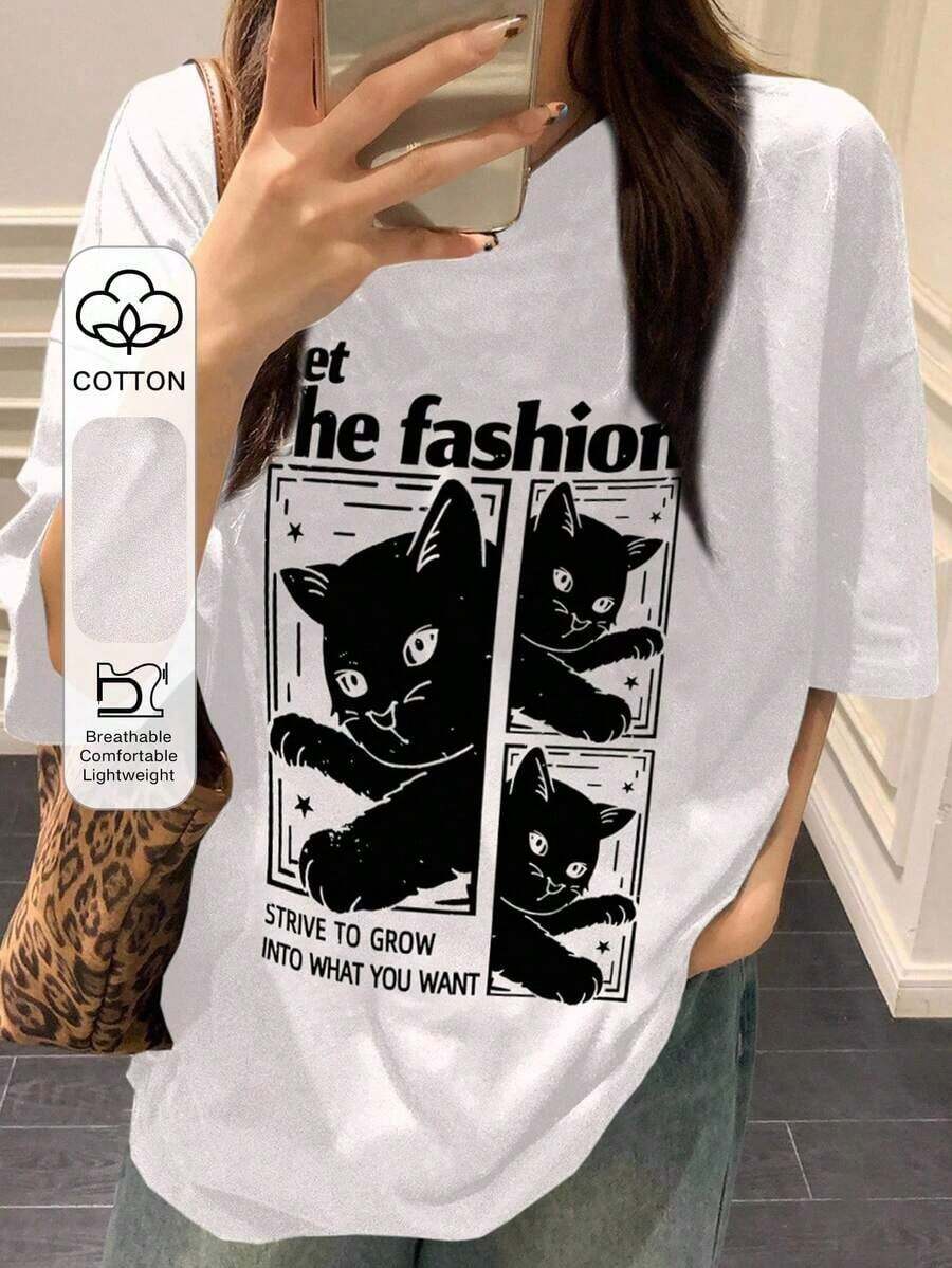 Camiseta holgada y casual de mujer con estampado de gato y letras, tops lindos, camisetas gráficas, atuendos de maestro - Blanco - Ver 1