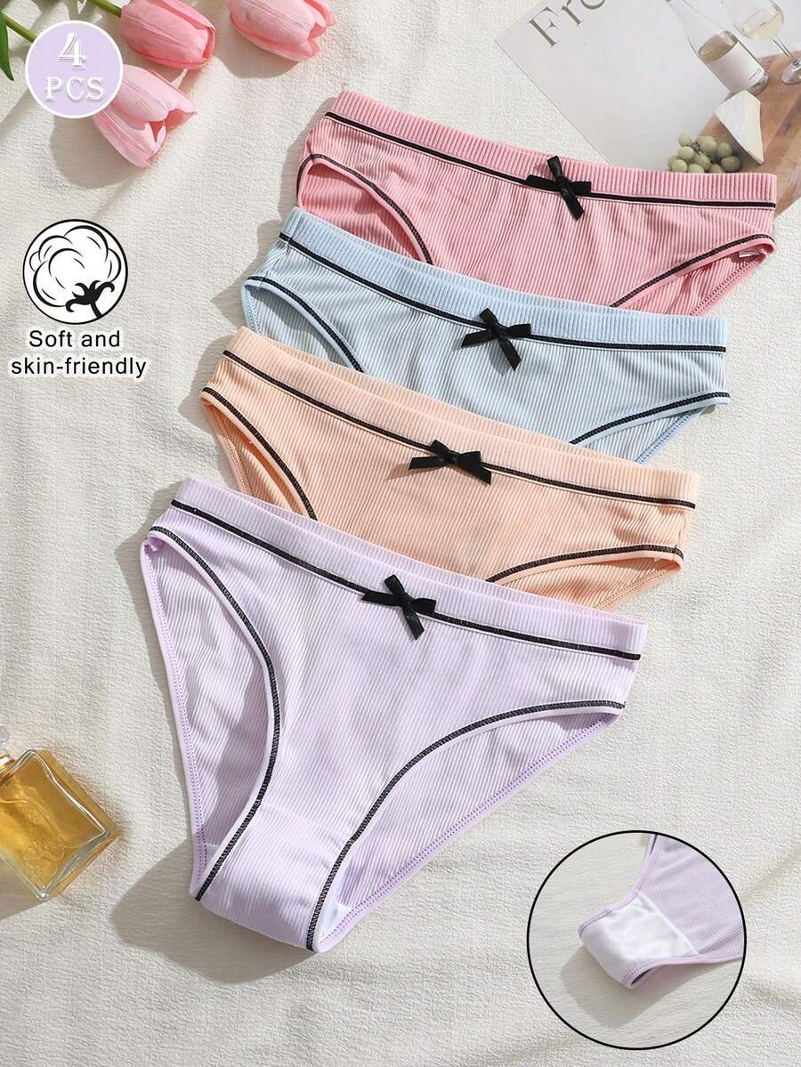 4 piezas Tanga con adorno de lazo y ribete de color contrastante - Multicolor - Ver 1